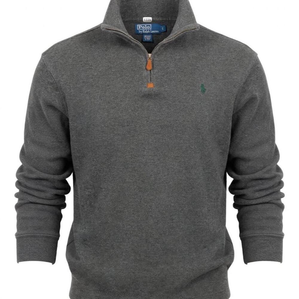 Polo by Ralph Lauren Mens L Gray Estate Rib 1/4 Zip Sweatshirt Green Pony